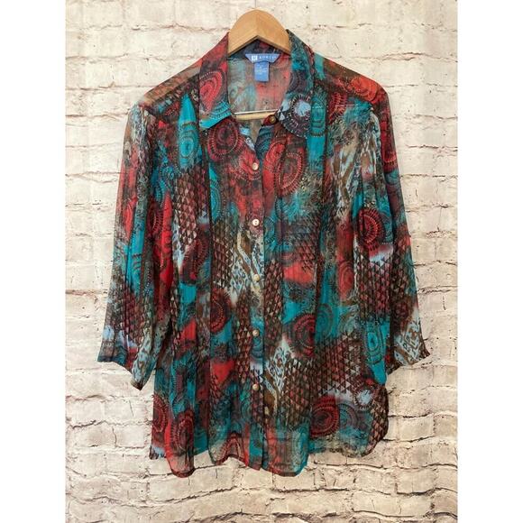 Koret Top Womens 16 Button Up Turquoise Red Semi Sheer Pleated Plus Medallions - Picture 1 of 11